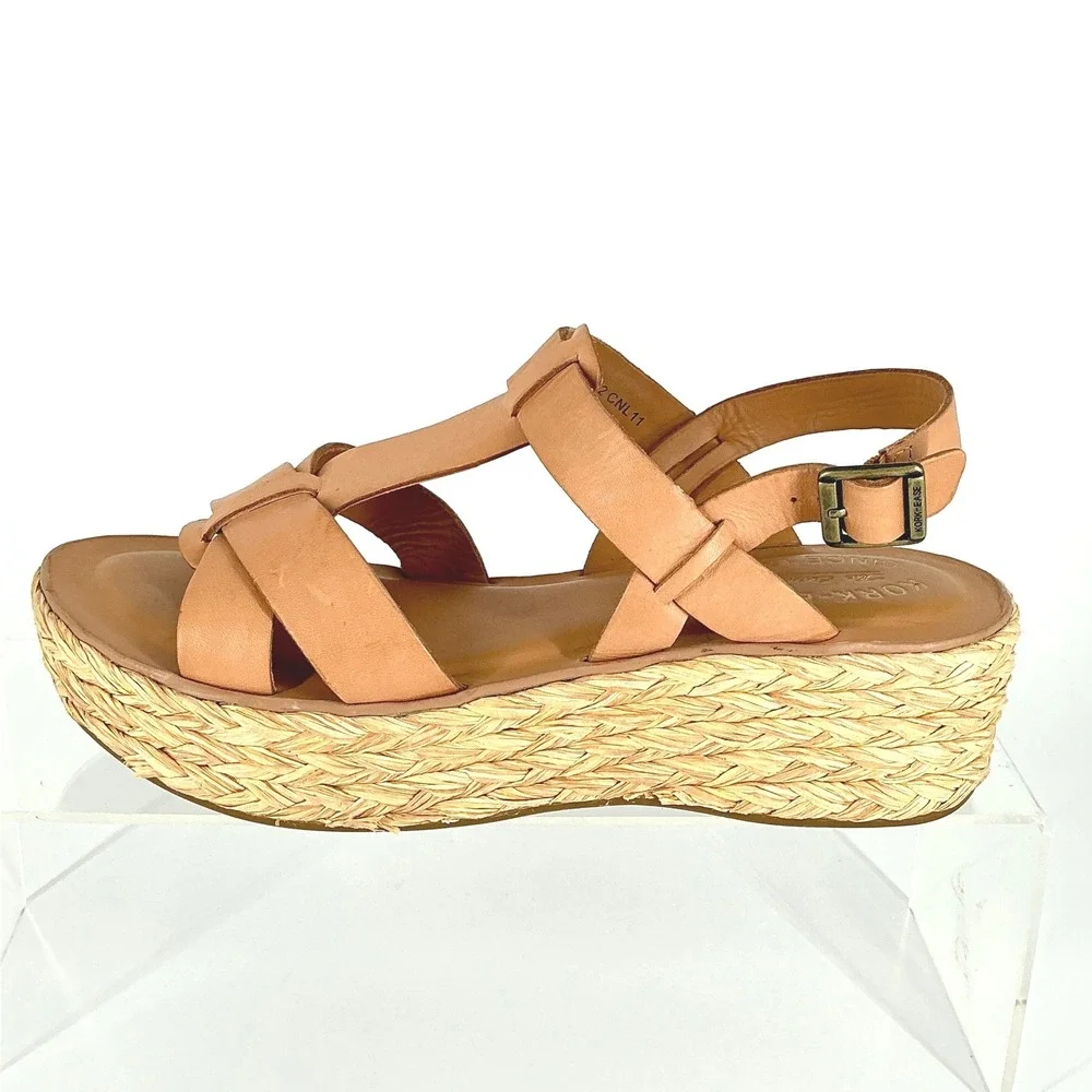 Kork-Ease Size 8 Tan Leather Espadrille Platform Wedge Sandals Ande‎